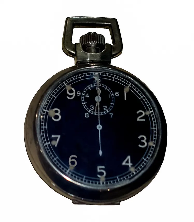 An Elgin A-8 aircraft navigator watch from World War II on display at the Oregon Air and Space Museum.