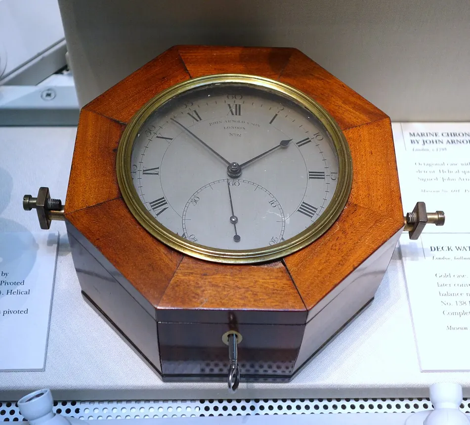 An antique John Arnold and Son marine chronometer displayed at the Clockmakers Museum, photographed by Daderot.
