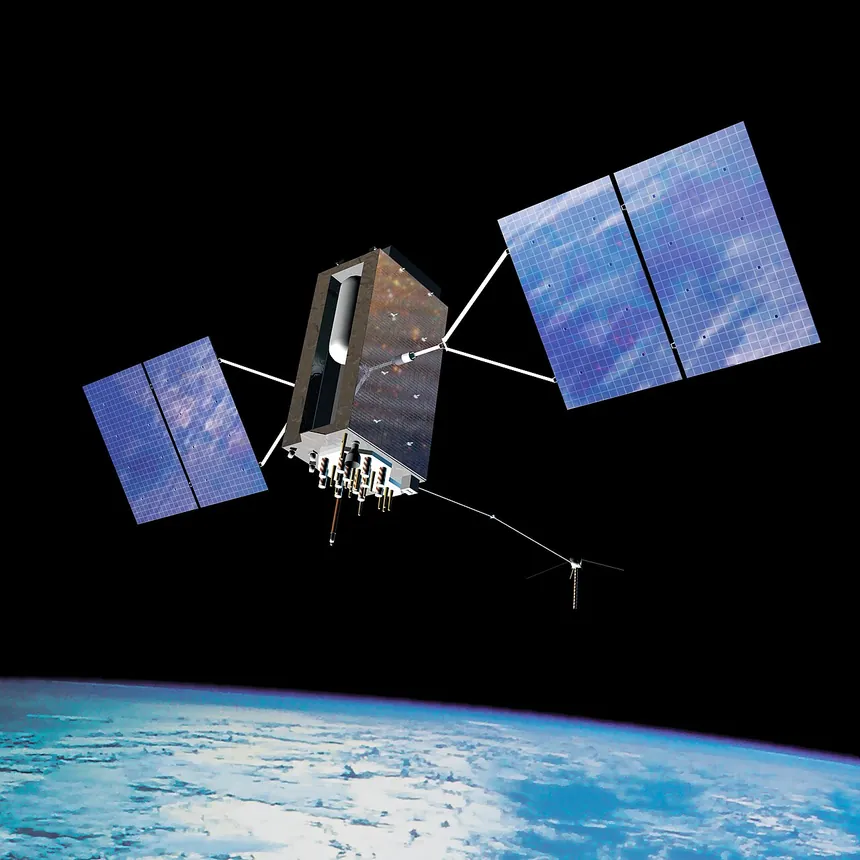 U.S. Air Force-produced concept artwork of a GPS Block III satellite above Earth, illustrating space-based timing systems.